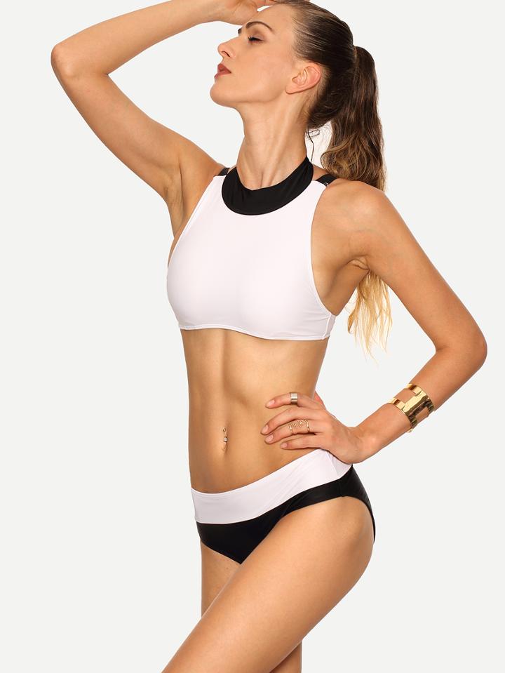 Romwe Contrast High Neck Strappy Bikini Set