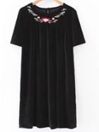 Romwe Black Floral Embroidery Shift Velvet Dress