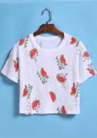 Romwe White Short Sleeve Red Watermelon Print Crop T-shirt