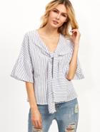 Romwe Vertical Striped Tie Neck Blouse