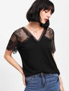 Romwe Solid T-shirt With Floral Lace Shoulder