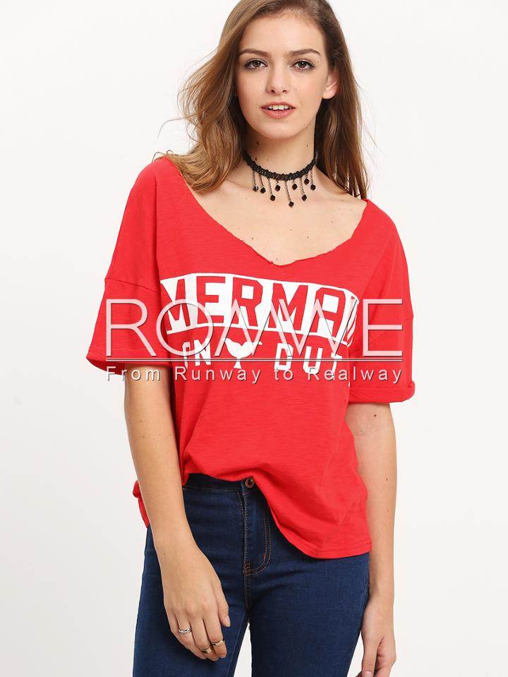 Romwe Red Short Sleeve Letters Print T-shirt