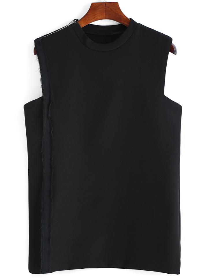 Romwe Zipper Slit Black Tank Top