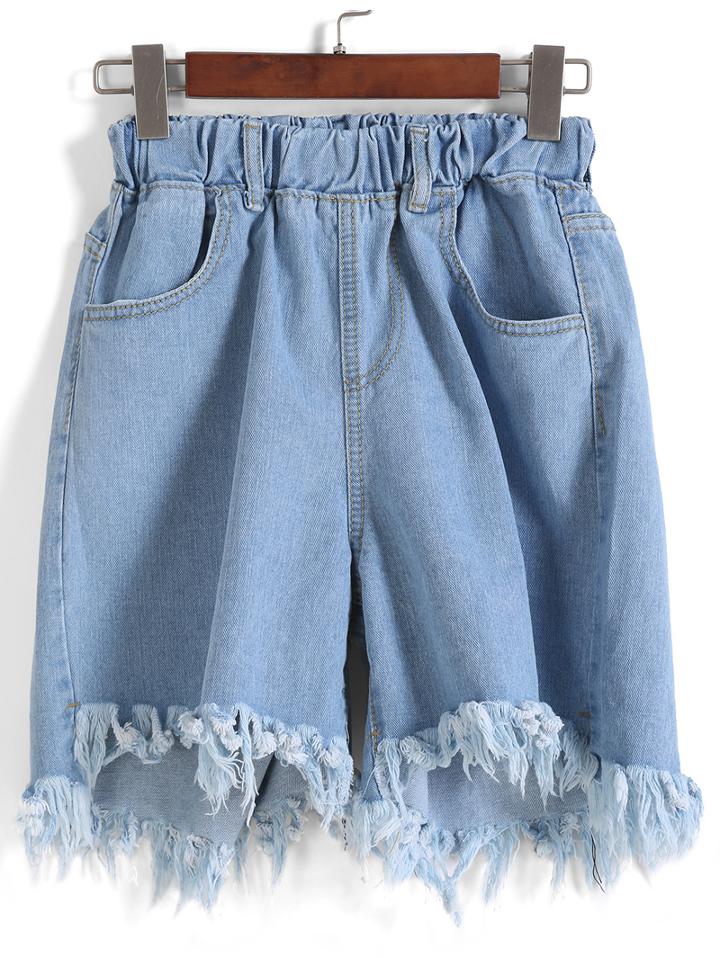 Romwe Elastic Waist Fringe Denim Pale Blue Shorts