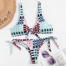 Romwe Random Plaid Scoop Neck Top With Self Tie Side Bikini