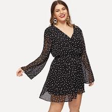 Romwe Plus Surplice Neck Sheer Bell Sleeve Star Dress