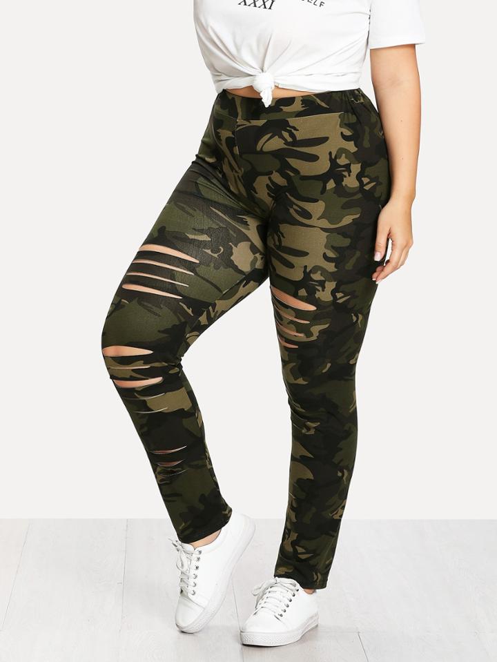 Romwe Camouflage Ladder Ripped Legging