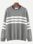 Romwe Grey Drop Shoulder Striped Sweater