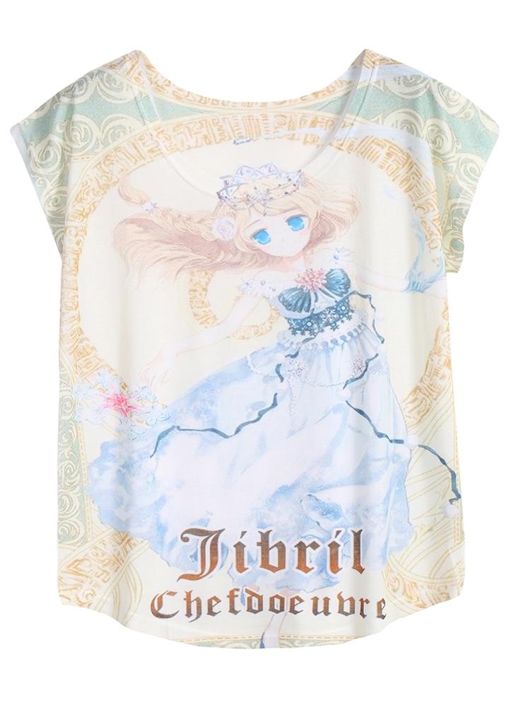 Romwe Cartoon Beauty Print White T-shirt