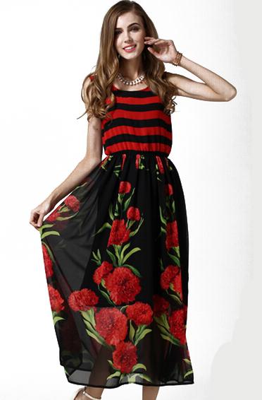 Romwe Sleeveless Striped Floral Pleated Dress