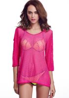 Romwe Rose Red Long Sleeve Hollow Lace Beach Top