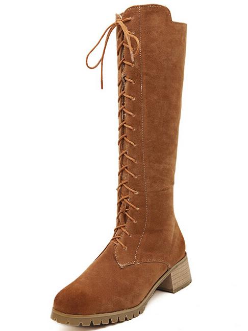 Romwe Brown Lace Up Tall Boots
