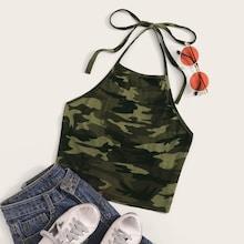 Romwe Camo Print Knot Halter Top