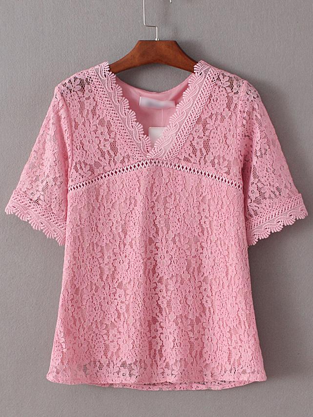 Romwe Pink V Neck Lace Slim Blouse