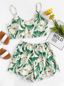 Romwe Floral Print Tie Crop Top With Shorts Set