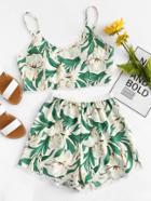 Romwe Floral Print Tie Crop Top With Shorts Set
