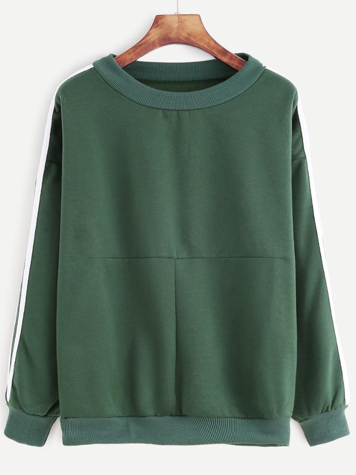 Romwe Green Striped Side Dropped Shoulder Seam Sweatshirt