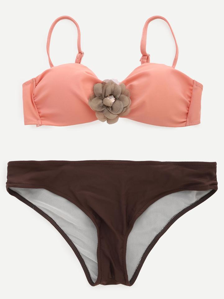 Romwe Contrast Flower Embellished Push Up Bikini Set