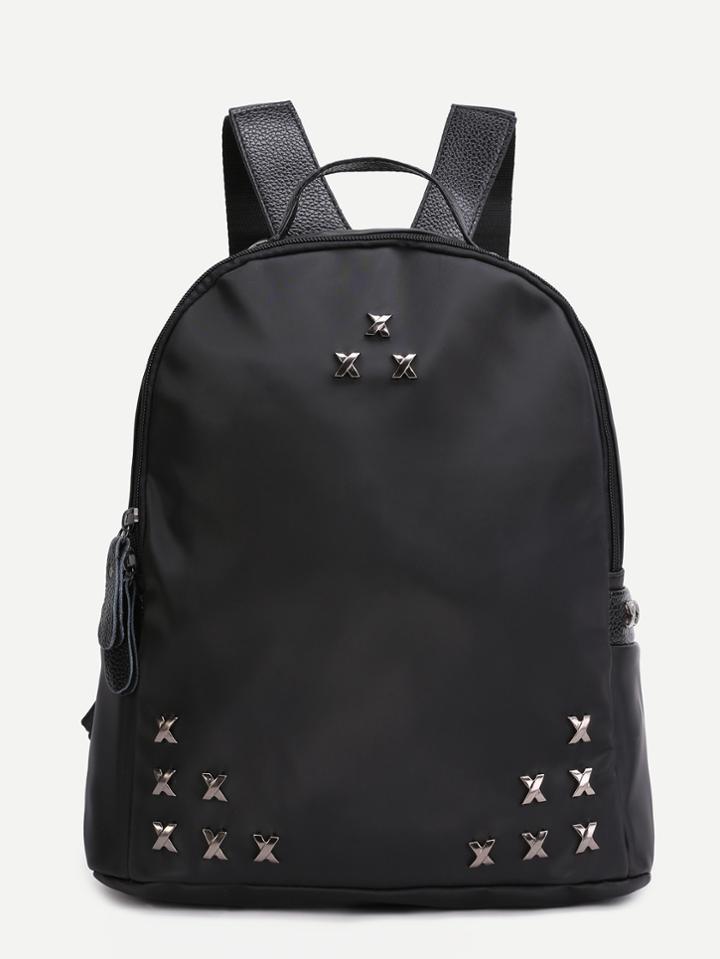 Romwe Black Pu Metal Trim Zip Closure Backpack