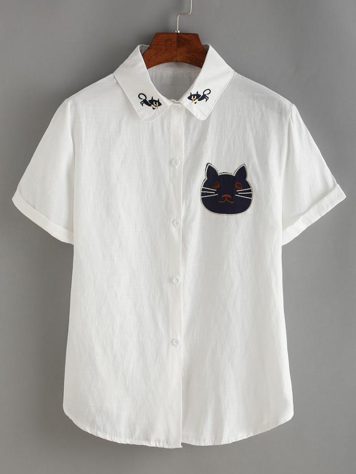 Romwe Cat Patch Embroidery Collar Blouse