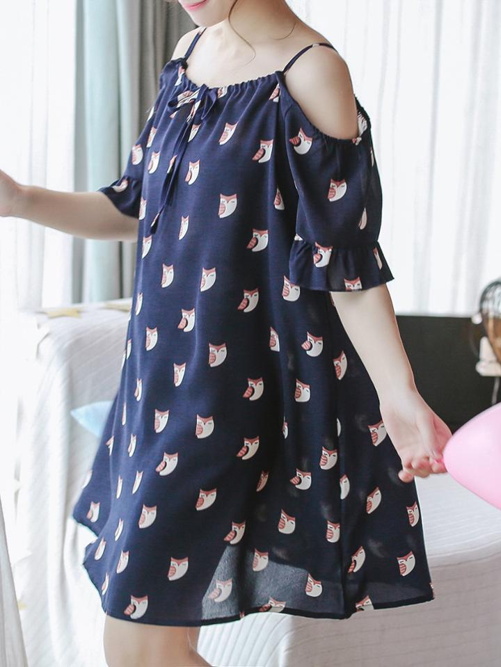 Romwe Owl Print Ruffle Hem Night Dress