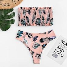 Romwe Frill Trim Shirred Tropical Bikini Set