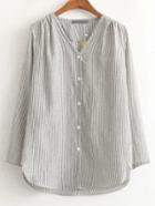 Romwe Grey Split Sleeve Stripe Button Blouse