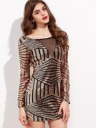 Romwe Contrast Mesh Open Back Sequin Bodycon Dress