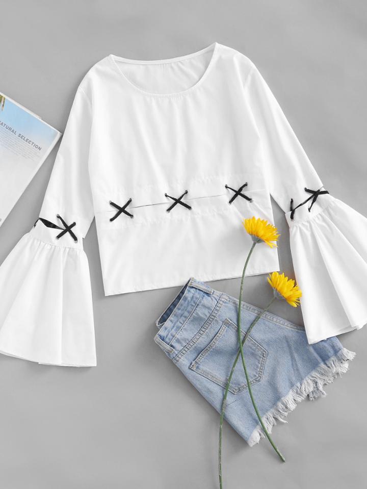 Romwe Fluted Sleeve Eyelet Lace Up Blouse