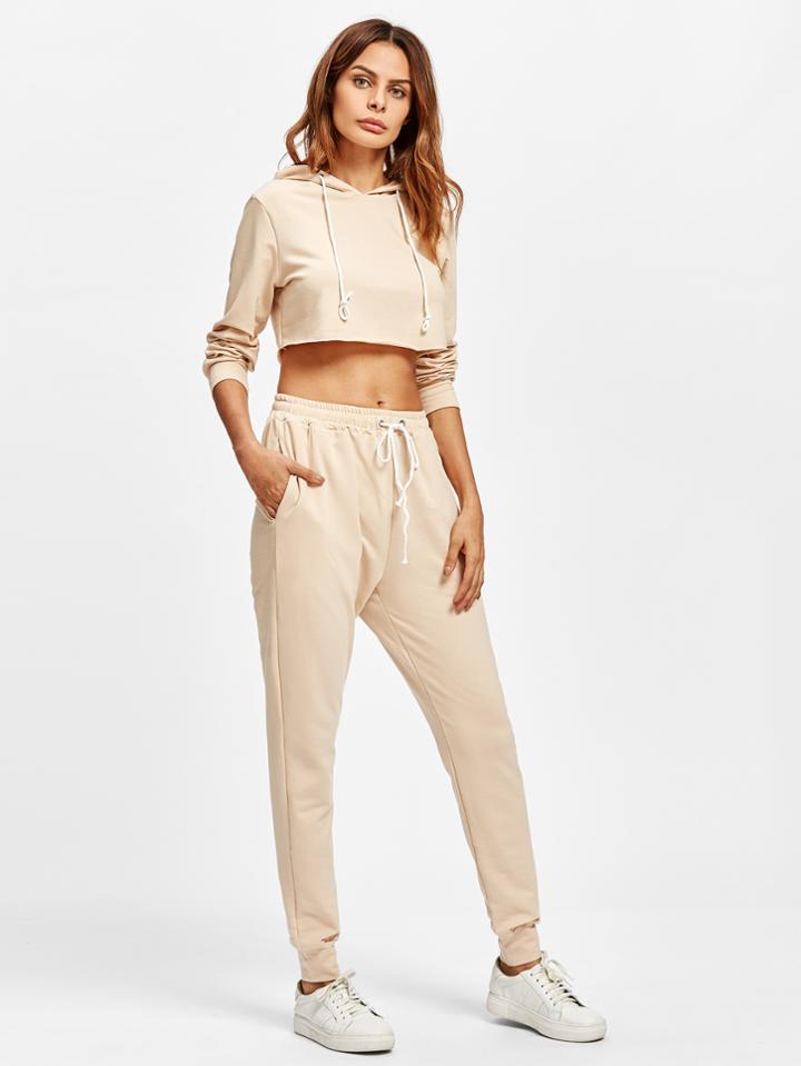 Romwe Raw Hem Crop Hoodie With Sweatpants