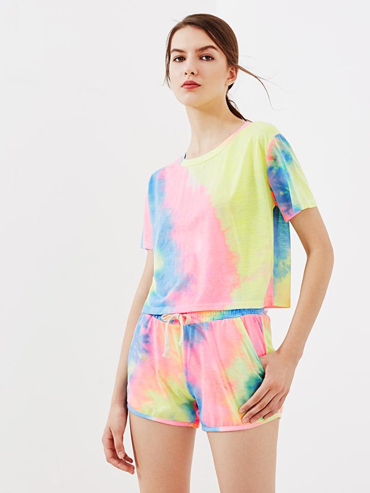 Romwe Water Color Tee With Drawstring Shorts