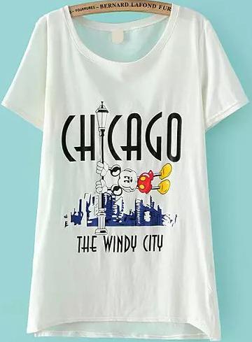 Romwe Dip Hem Mickey Print Split White T-shirt