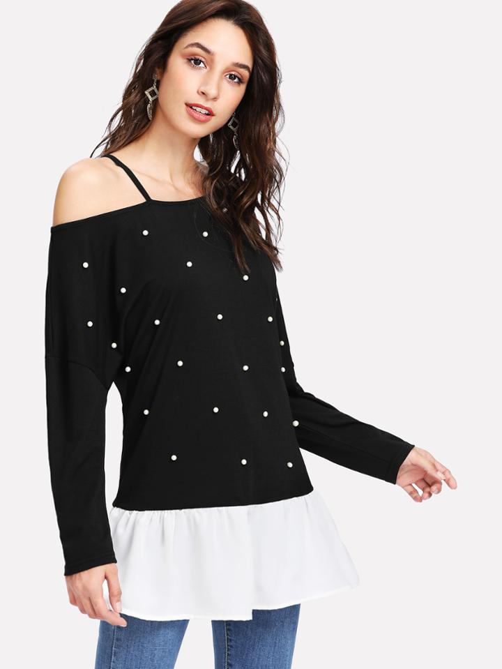 Romwe Pearl Beaded Open Shoulder Contrast Hem Top