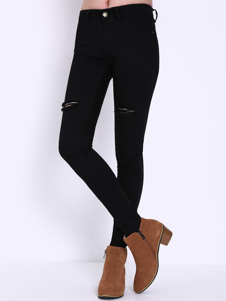 Romwe Ripped Denim Black Pant