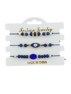 Romwe 3pcs/set Bohemian Adjustable Rope Chain With Blue Gold-color Beads Eye Charm Bracelet Set