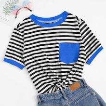 Romwe Pocket Patched Striped Ringer Tee