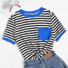 Romwe Pocket Patched Striped Ringer Tee