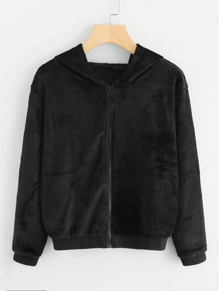 Romwe Faux Fur Hooded Zip Up Jacket