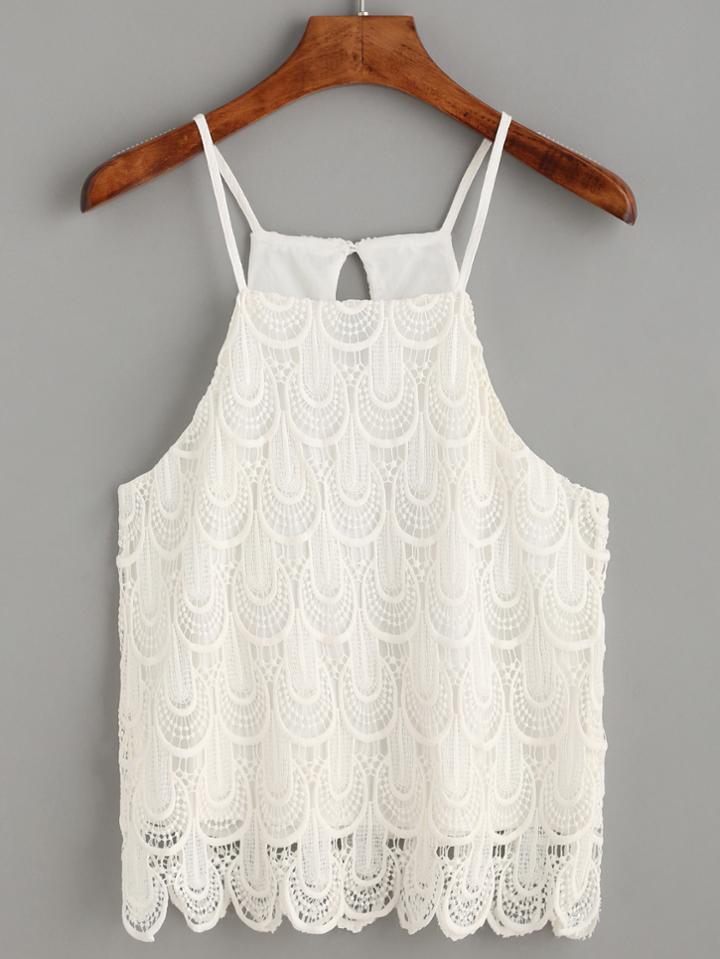 Romwe White Lace Crochet Keyhole Overlay Cami Top