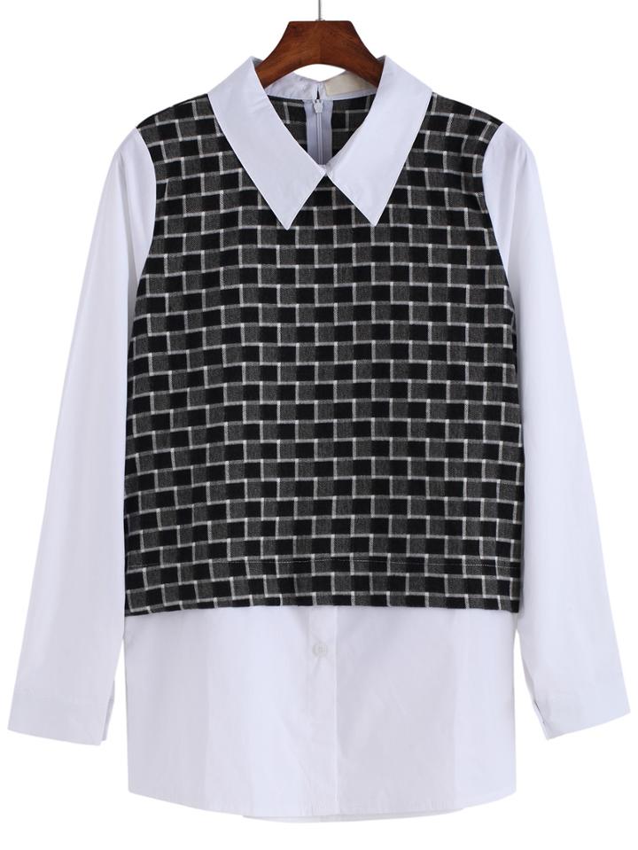 Romwe Lapel Contrast Plaid Blouse