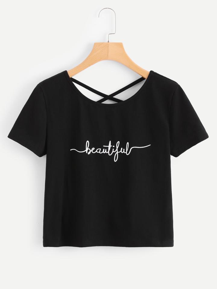 Romwe Letter Print Criss Cross Back Tee