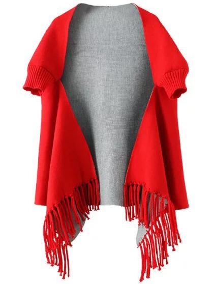 Romwe Fringe Red Cape Sweater
