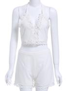 Romwe Halter Hollow Lace Up Top With Zipper White Shorts