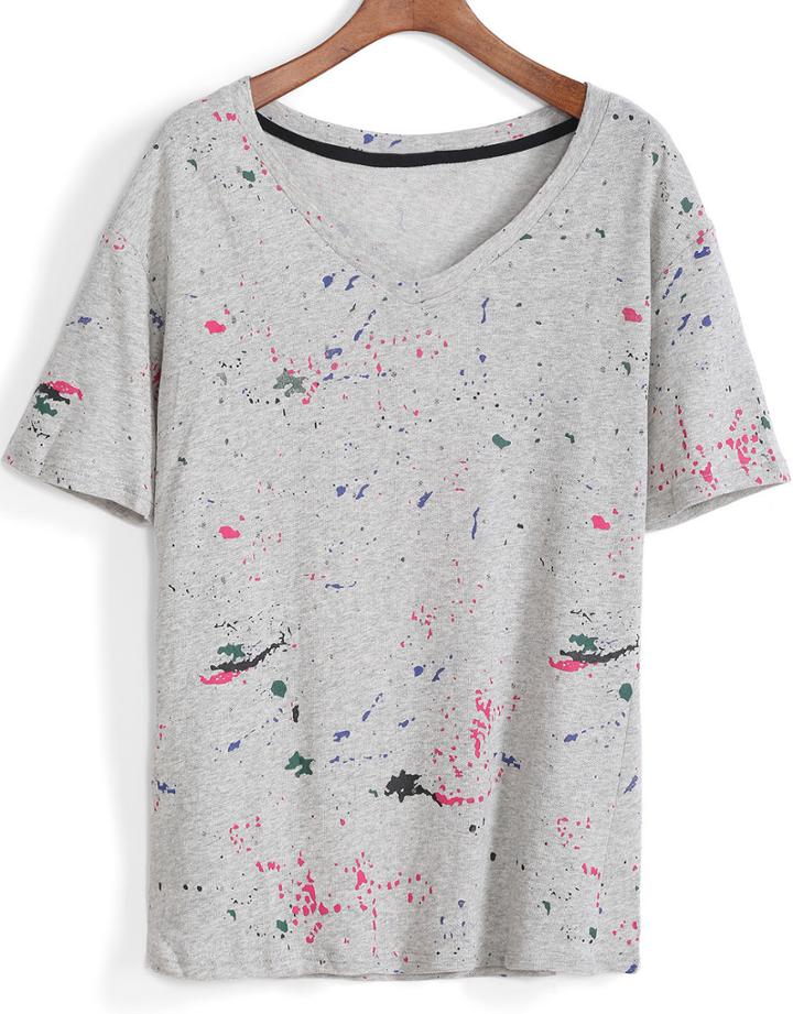 Romwe V Neck Speckled Print T-shirt