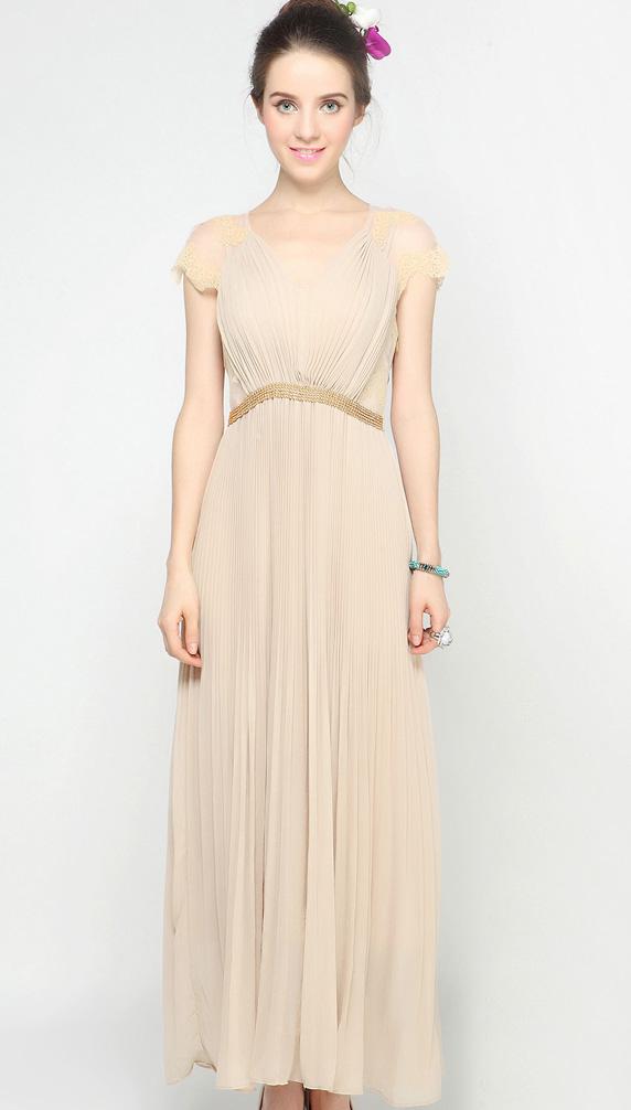 Romwe Apricot V-neck Lace Cap Sleeve Beading Pleated Long Chiffon Dress