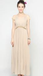 Romwe Apricot V-neck Lace Cap Sleeve Beading Pleated Long Chiffon Dress