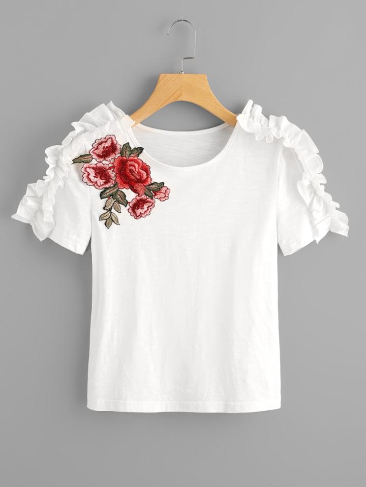 Romwe Flower Patch Frilled Shoulder Slub Tee