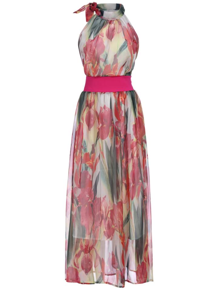 Romwe Halter Florals Chiffon Maxi Dress