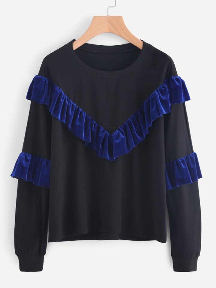 Romwe Velvet Frill Trim Panel Sweatshirt