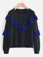 Romwe Velvet Frill Trim Panel Sweatshirt